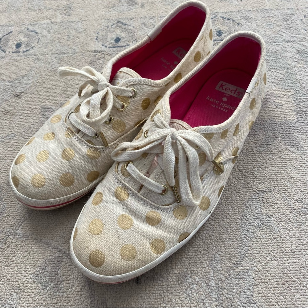 Kate Spade Keds Gold Polka Dot Natural Canvas Sneakers 7.5 Low Profile